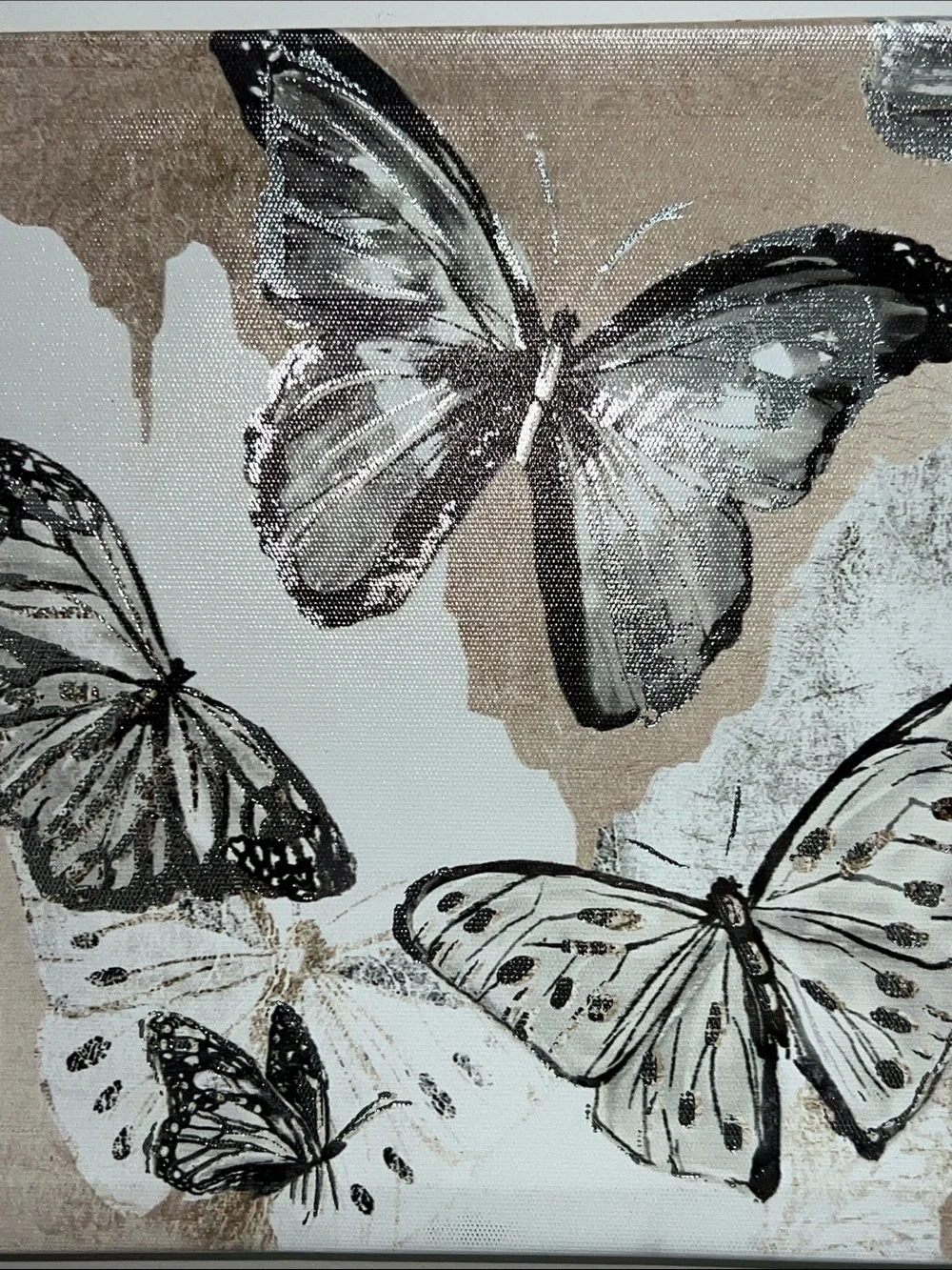 Butterfly Wall Art Set - Beige, Silver and White Canvas Prints